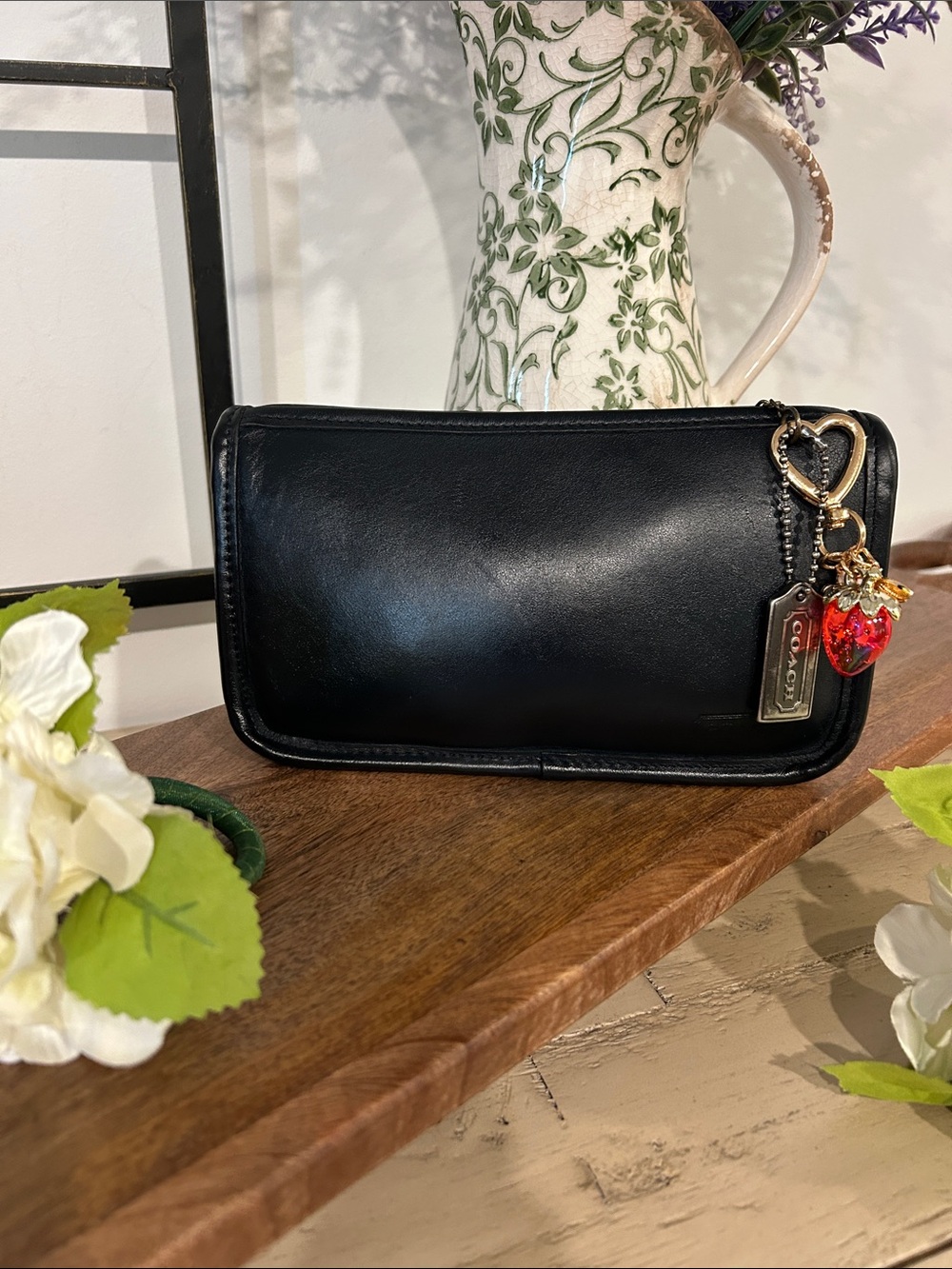 Coach Dark Blue Leather Wristlet with Heart Charm